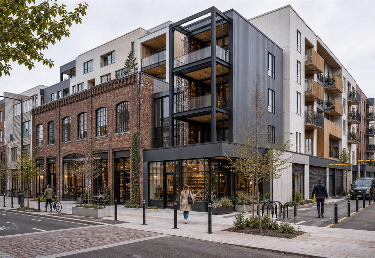 Canadian mixed-material adaptive reuse development rendering used to represent site analysis