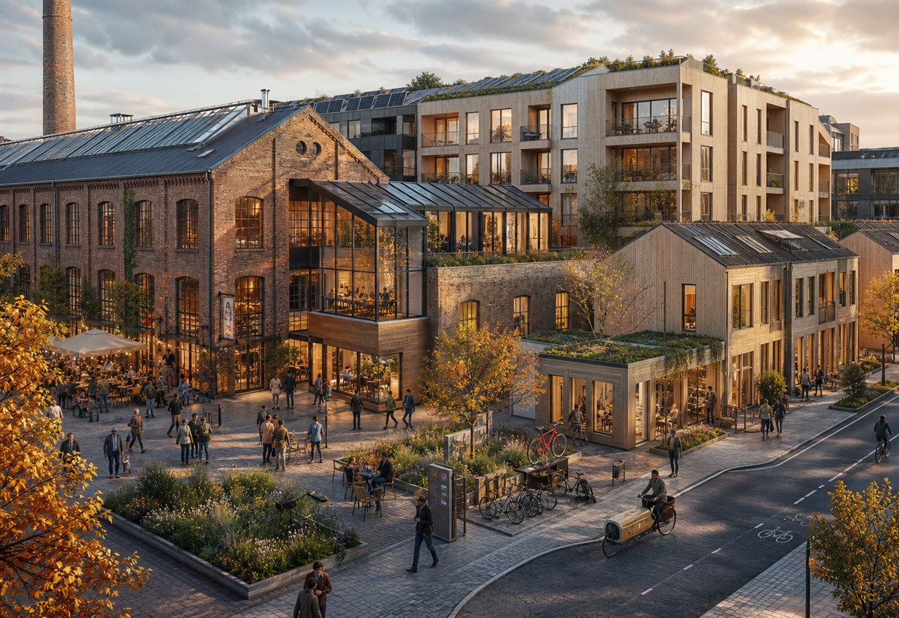 Scandinavian adaptive reuse district rendering used to represent project coordination