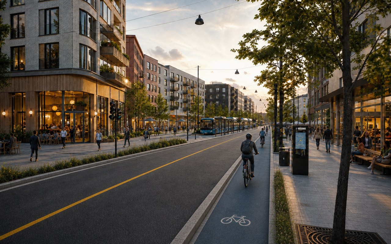 Bike-first urban avenue rendering used to represent project positioning
