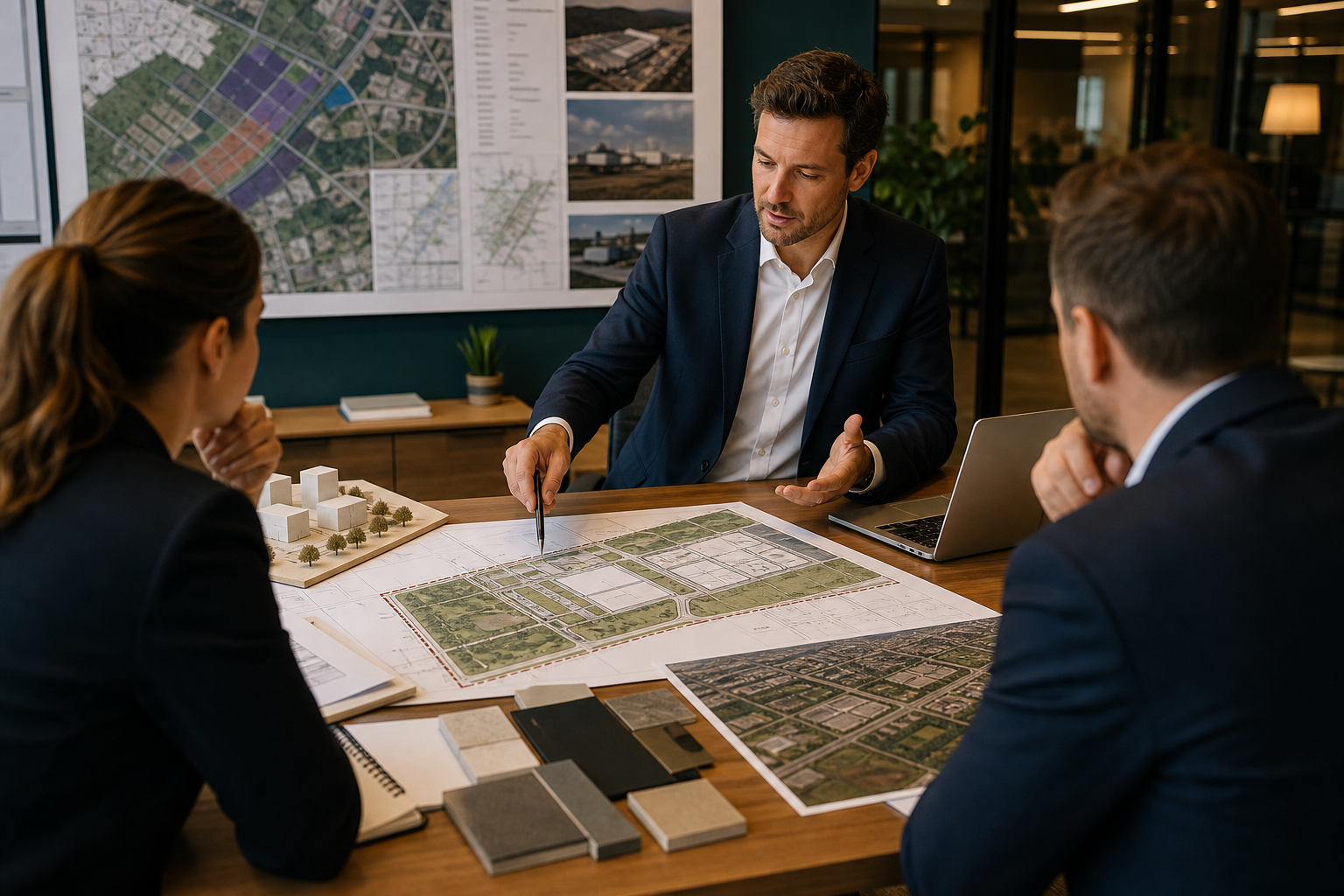 Professional planner explaining site plans to clients