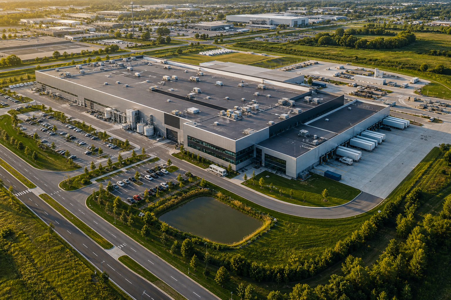 Bird's-eye view of an industrial site and surrounding access roads